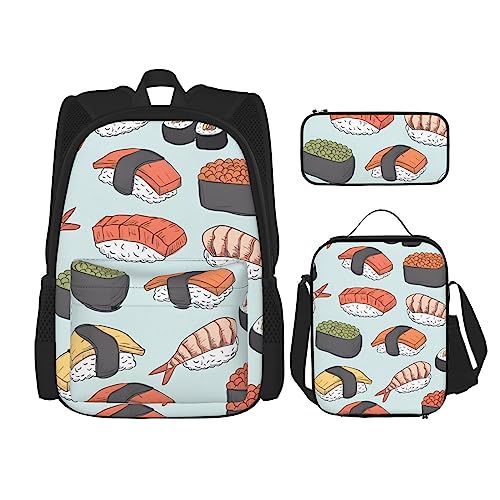 PartyUnix Sushi Prints Rucksack 3-teilig Schulranzen mit Brotdose und Federmäppchen Set - Geeignet für Jungen und Mädchen, Schwarz , Einheitsgröße, Kinderrucksack von PartyUnix