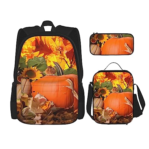 PartyUnix Thanksgiving Day Kürbis Rucksack 3-teilig Schultasche mit Lunchbox und Federmäppchen Set =>> Geeignet für Jungen und Mädchen, Schwarz , Einheitsgröße, Kinderrucksack von PartyUnix