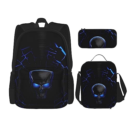 PartyUnix Totenköpfe Rucksack 3-teilig Schulranzen mit Brotdose und Federmappe Set =>> geeignet für Jungen und Mädchen, Schwarz , Einheitsgröße, Kinderrucksack von PartyUnix