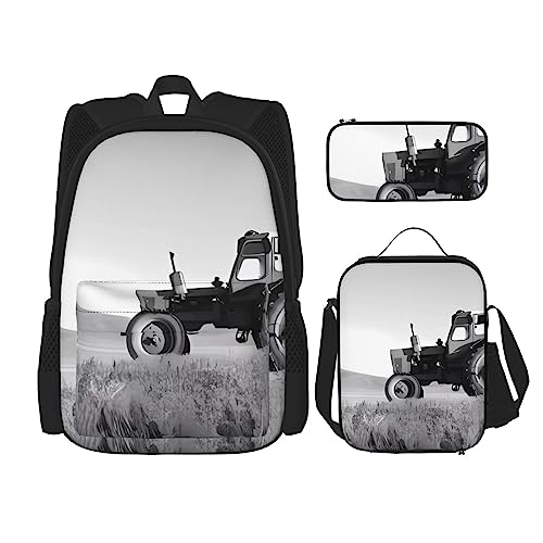 PartyUnix Traktor Landwirtschaft Ruhige Drucke Rucksack 3-teilig Schultasche mit Lunchbox und Federmäppchen Set - Geeignet für Jungen und Mädchen, Schwarz , Einheitsgröße, Kinderrucksack von PartyUnix