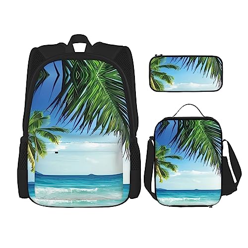 PartyUnix Tropische Palme Hawaii Strand Prints Rucksack 3-teilig Schultasche mit Lunchbox und Federmäppchen Set - Geeignet für Jungen und Mädchen, Schwarz , Einheitsgröße, Kinderrucksack von PartyUnix