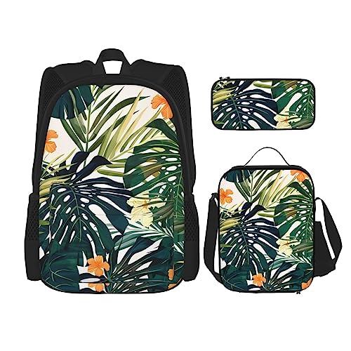 PartyUnix Tropischer Sommer Hawaiianische Blumen Palmenblätter Drucke Rucksack 3-teilig Schultasche mit Lunchbox und Federmäppchen Set - Geeignet für Jungen und Mädchen, Schwarz , Einheitsgröße, von PartyUnix