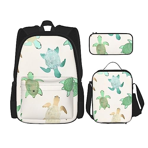 PartyUnix Turtle Write Prints Rucksack 3-teilig Schulranzen mit Lunchbox und Federmäppchen Set - Geeignet für Jungen und Mädchen, Schwarz , Einheitsgröße, Kinderrucksack von PartyUnix