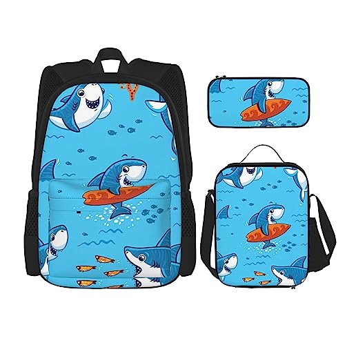 PartyUnix Undersea Whale Prints Rucksack 3-teilig Schulranzen mit Brotdose und Federmäppchen Set - Geeignet für Jungen und Mädchen, Schwarz , Einheitsgröße, Kinderrucksack von PartyUnix