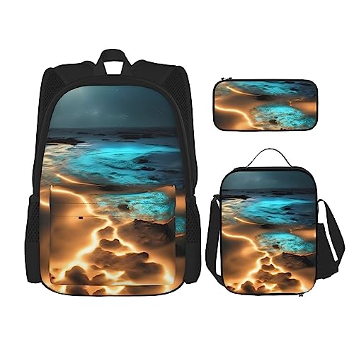 PartyUnix View Under The Moon Rucksack 3-teilig Schulranzen mit Brotdose und Federmäppchen Set =>> Geeignet für Jungen und Mädchen, Schwarz , Einheitsgröße, Kinderrucksack von PartyUnix