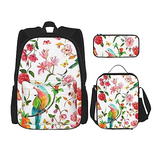 PartyUnix Vintage Vogel Blumen Prints Rucksack 3-teilig Schultasche mit Lunchbox und Federmäppchen Set - Geeignet für Jungen und Mädchen, Schwarz , Einheitsgröße, Kinderrucksack von PartyUnix