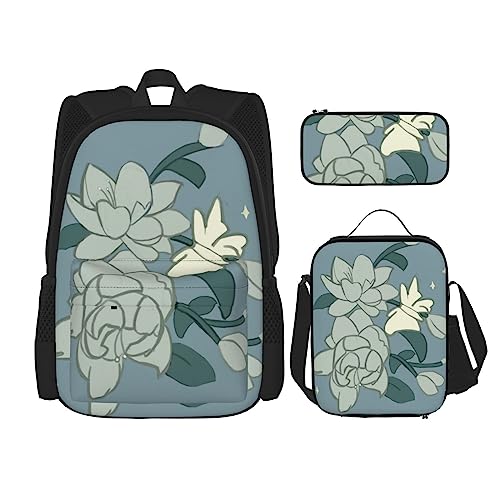 PartyUnix Weißer Bauhinia Prints Rucksack 3-teilig Schulranzen mit Brotdose und Federmäppchen Set - Geeignet für Jungen und Mädchen, Schwarz , Einheitsgröße, Kinderrucksack von PartyUnix