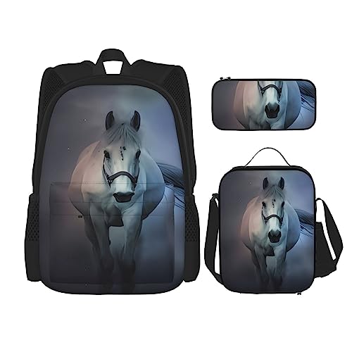 PartyUnix White Horse Rucksack 3-teilig Schulranzen mit Brotdose und Federmäppchen Set =>> passend für Jungen und Mädchen, Schwarz , Einheitsgröße, Kinderrucksack von PartyUnix