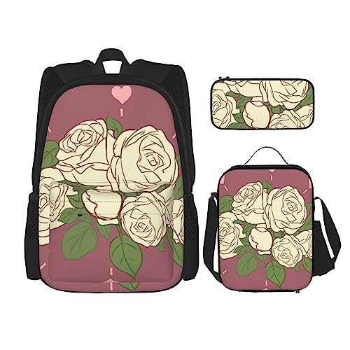 PartyUnix White Rose of Love Rucksack 3-teilig Schulranzen mit Brotdose und Federmäppchen Set =>> geeignet für Jungen und Mädchen, Schwarz , Einheitsgröße, Kinderrucksack von PartyUnix