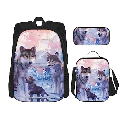 PartyUnix Wölfe Familie Prints Rucksack 3-teilig Schulranzen mit Brotdose und Federmäppchen Set - Geeignet für Jungen und Mädchen, Schwarz , Einheitsgröße, Kinderrucksack von PartyUnix