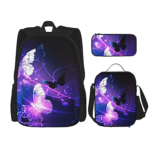 PartyUnix Wunderschöner leuchtender Schmetterling Drucke Rucksack 3-teiliges Schulranzen mit Brotdose und Federmäppchen Set - Geeignet für Jungen und Mädchen, Schwarz , Einheitsgröße, Kinderrucksack von PartyUnix