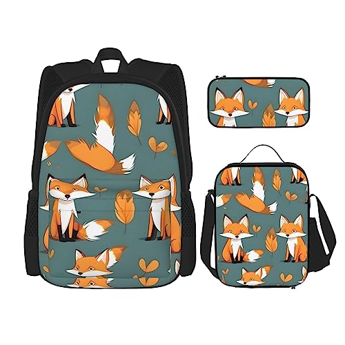 PartyUnix Yellow Fox Rucksack 3-teilig Schulranzen mit Brotdose und Federmappe Set =>> passend für Jungen und Mädchen, Schwarz , Einheitsgröße, Kinderrucksack von PartyUnix