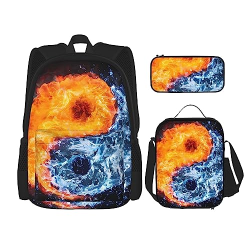 PartyUnix Yin Yang Feuerwasser Rucksack 3-teilig Schulranzen mit Brotdose und Federmäppchen Set =>> Geeignet für Jungen und Mädchen, Schwarz , Einheitsgröße, Kinderrucksack von PartyUnix