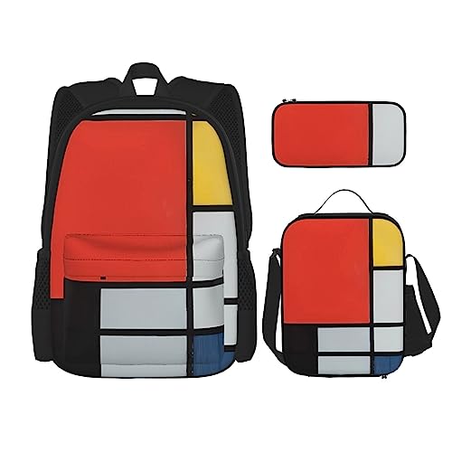 PartyUnix Zusammensetzung in rot gelb blau und schwarz Rucksack 3-teilig Schulranzen mit Brotdose und Federmäppchen Set =>> geeignet für Jungen und Mädchen, Schwarz , Einheitsgröße, Kinderrucksack von PartyUnix