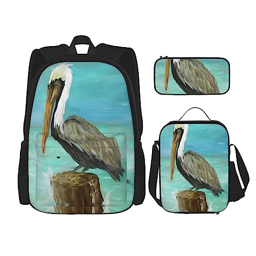 Pelicans Art Print Prints Rucksack 3-teilig Schulranzen mit Lunchbox und Federmäppchen Set - Geeignet für Jungen und Mädchen, Schwarz , Einheitsgröße, Kinderrucksack von PartyUnix