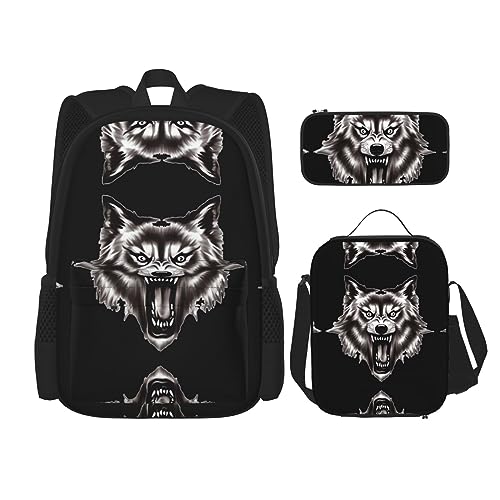 Robuster und leichter Taschen-Rucksack, Umhängetasche, Lunch-Tasche, Stifttaschenset – verstellbarer Schultergurt, Werwolf, HD-Bild, Schwarz , Einheitsgröße von PartyUnix