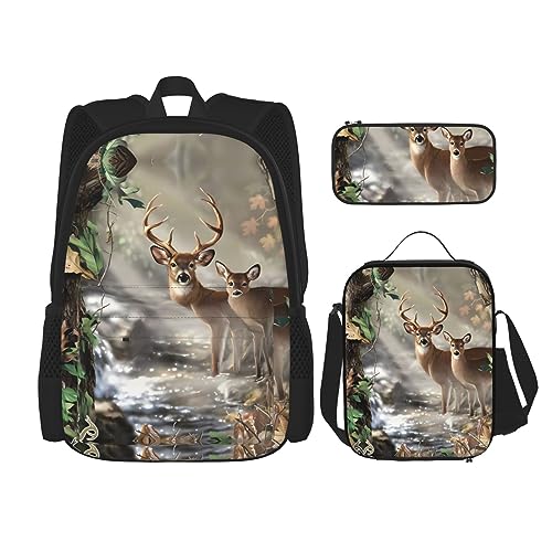 Robuster und leichter Taschenrucksack, Umhängetasche, Lunch-Tasche, Stifttaschenset – verstellbarer Schultergurt, Camouflage-Hirschbild, Schwarz , Einheitsgröße von PartyUnix