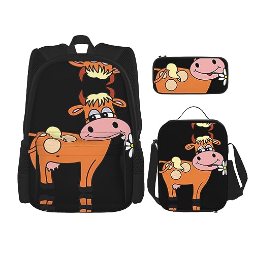 Robuster und leichter Taschenrucksack, Umhängetasche, Lunch-Tasche, Stifttaschenset – verstellbarer Schultergurt, Cartoon-Motiv mit niedlichem Kuhbild, Schwarz , Einheitsgröße von PartyUnix