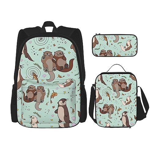 Robuster und leichter Taschenrucksack, Umhängetasche, Lunch-Tasche, Stifttaschenset – verstellbarer Schultergurt, Cartoon-Otter-Drucke, Schwarz , Einheitsgröße von PartyUnix