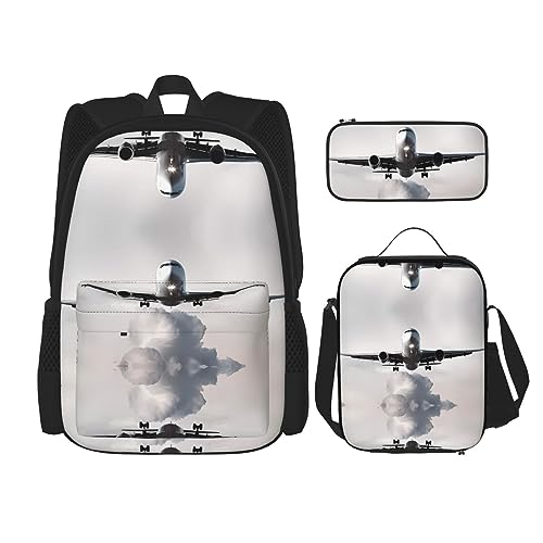 Robuster und leichter Taschenrucksack, Umhängetasche, Lunch-Tasche, Stifttaschenset – verstellbarer Schultergurt, Flugzeug-Kunstmuster, Schwarz , Einheitsgröße von PartyUnix