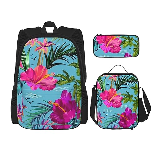 Robuster und leichter Taschenrucksack, Umhängetasche, Lunch-Tasche, Stifttaschenset – verstellbarer Schultergurt, Hello Hawaii-Muster, Schwarz , Einheitsgröße von PartyUnix