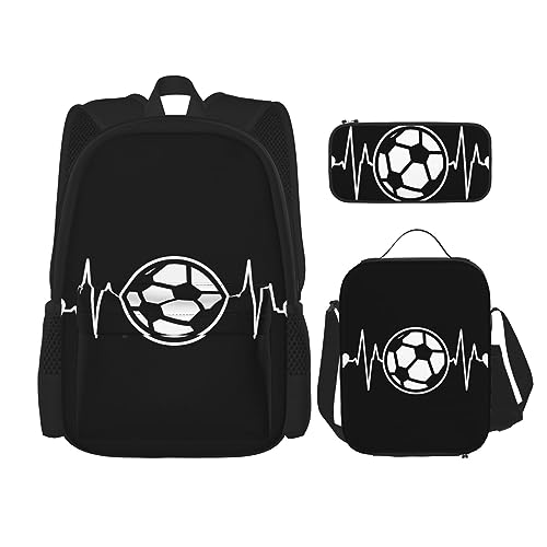 Robuster und leichter Taschenrucksack, Umhängetasche, Lunch-Tasche, Stifttaschenset – verstellbarer Schultergurt, "I Love Soccer Muster", Schwarz , Einheitsgröße von PartyUnix