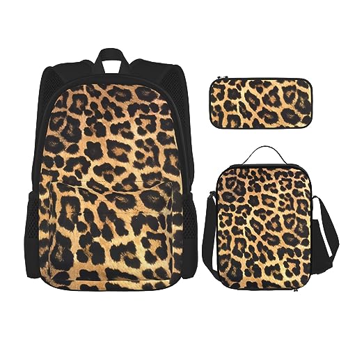 Robuster und leichter Taschenrucksack, Umhängetasche, Lunch-Tasche, Stifttaschenset – verstellbarer Schultergurt, Leopardenmuster, Schwarz , Einheitsgröße von PartyUnix