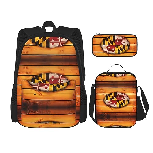 Robuster und leichter Taschenrucksack, Umhängetasche, Lunch-Tasche, Stifttaschenset – verstellbarer Schultergurt, Maryland-Flaggenbild, Schwarz , Einheitsgröße von PartyUnix