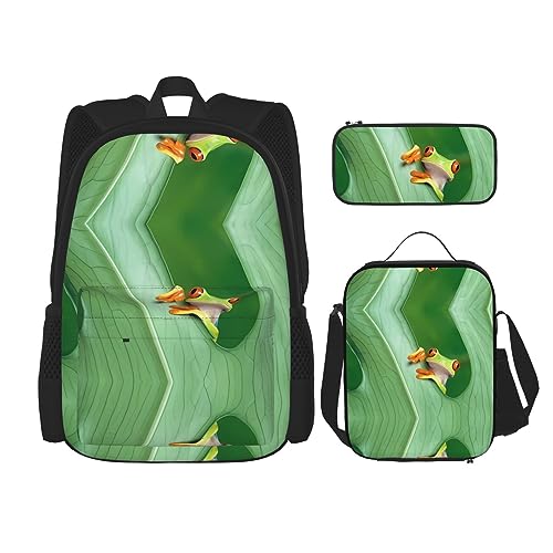 Robuster und leichter Taschenrucksack, Umhängetasche, Lunch-Tasche, Stifttaschenset – verstellbarer Schultergurt, Motiv: Baumfrosch, Schwarz , Einheitsgröße von PartyUnix