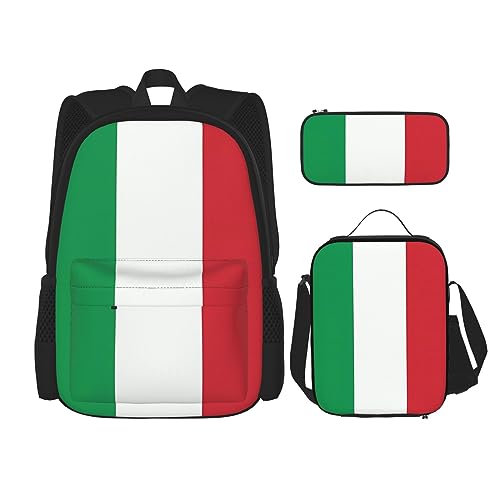 Robuster und leichter Taschenrucksack, Umhängetasche, Lunch-Tasche, Stifttaschenset – verstellbarer Schultergurt, Motiv: Italien-Flagge, Schwarz , Einheitsgröße von PartyUnix