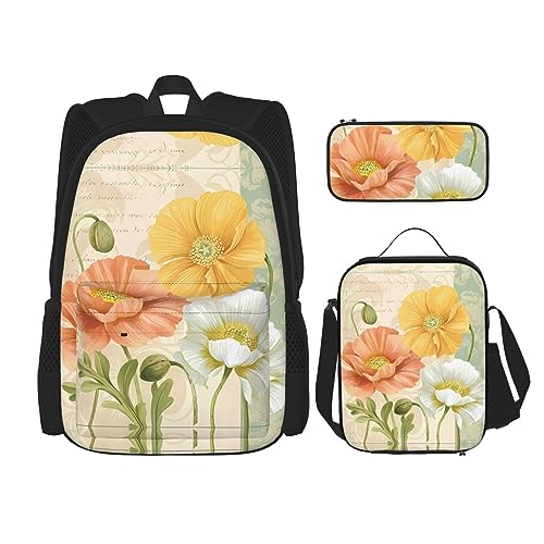 Robuster und leichter Taschenrucksack, Umhängetasche, Lunch-Tasche, Stifttaschenset – verstellbarer Schultergurt, Motiv: Mohnblumen in Pastellfarben, Schwarz , Einheitsgröße von PartyUnix