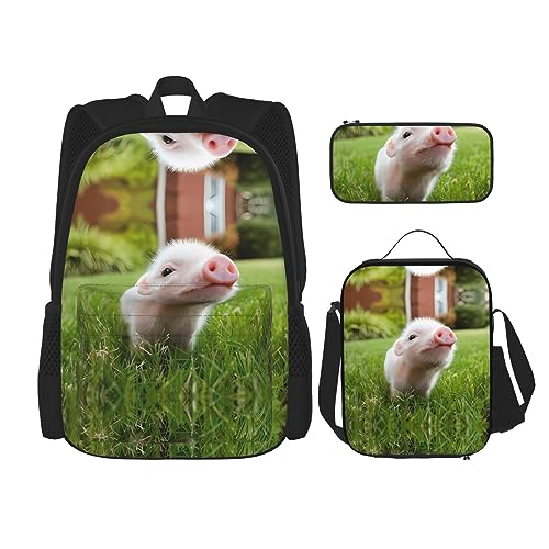 Robuster und leichter Taschenrucksack, Umhängetasche, Lunch-Tasche, Stifttaschenset – verstellbarer Schultergurt, Motiv: Naughty Pig Babybild, Schwarz , Einheitsgröße von PartyUnix