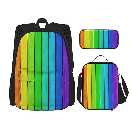 Robuster und leichter Taschenrucksack, Umhängetasche, Lunch-Tasche, Stifttaschenset – verstellbarer Schultergurt, Regenbogenfarben, Holzhintergrunddrucke, Schwarz , Einheitsgröße von PartyUnix