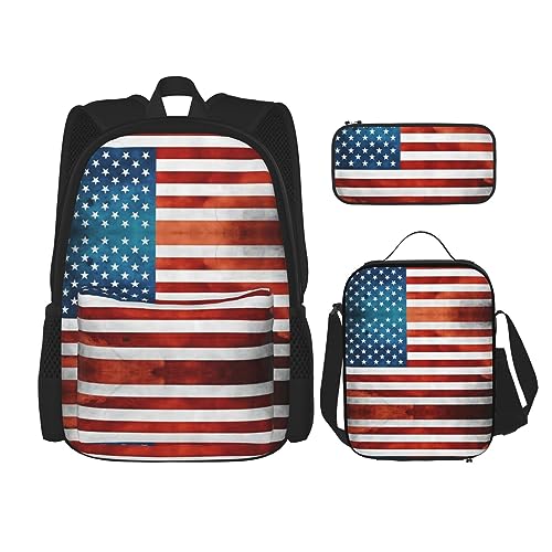 Robuster und leichter Taschenrucksack, Umhängetasche, Lunch-Tasche, Stifttaschenset – verstellbarer Schultergurt, Vintage-amerikanische Flagge, Schwarz , Einheitsgröße von PartyUnix