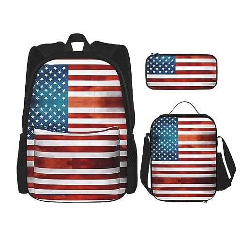 Robuster und leichter Taschenrucksack, Umhängetasche, Lunch-Tasche, Stifttaschenset – verstellbarer Schultergurt, Vintage-amerikanische Flagge, Schwarz , Einheitsgröße von PartyUnix