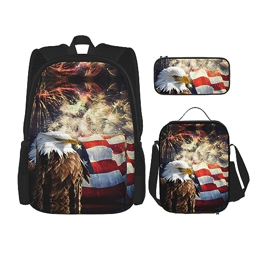 Robuster und leichter Taschenrucksack, Umhängetasche, Lunch-Tasche, Stifttaschenset – verstellbarer Schultergurt, amerikanische Flagge, Feuer-Adler-Muster, Schwarz , Einheitsgröße von PartyUnix