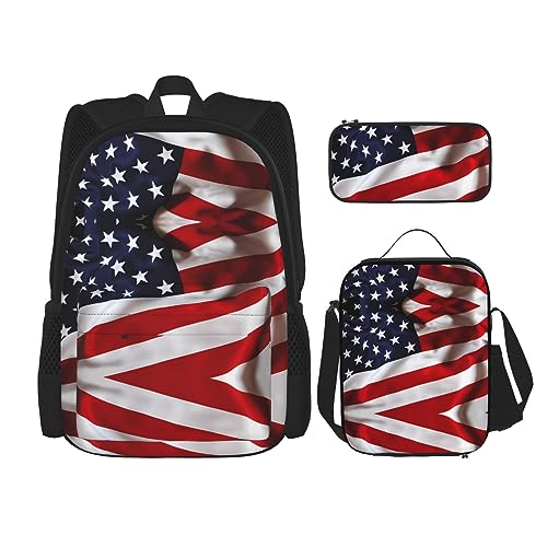 Robuster und leichter Taschenrucksack, Umhängetasche, Lunch-Tasche, Stifttaschenset – verstellbarer Schultergurt, amerikanische Flagge, Schwarz , Einheitsgröße von PartyUnix