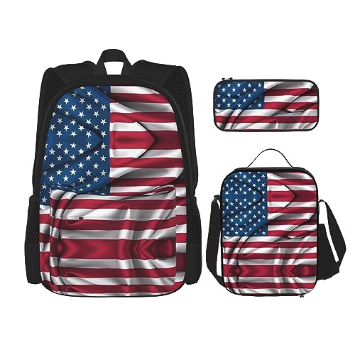 Robuster und leichter Taschenrucksack, Umhängetasche, Lunch-Tasche, Stifttaschenset – verstellbarer Schultergurt, amerikanische Flagge, Schwarz , Einheitsgröße von PartyUnix