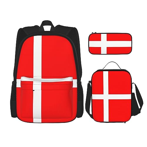 Robuster und leichter Taschenrucksack, Umhängetasche, Lunch-Tasche, Stifttaschenset – verstellbarer Schultergurt, dänische Flagge, Schwarz , Einheitsgröße von PartyUnix