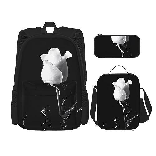 Robuster und leichter Taschenrucksack, Umhängetasche, Lunch-Tasche, Stifttaschenset – verstellbarer Schultergurt, einfarbige Rosen-Drucke, Schwarz , Einheitsgröße von PartyUnix