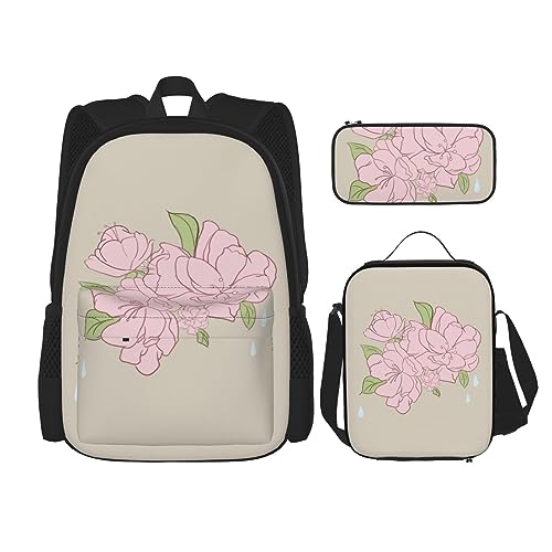 Robuster und leichter Taschenrucksack, Umhängetasche, Lunch-Tasche, Stifttaschenset – verstellbarer Schultergurt, geteiltes Pfirsichblüten-Muster, Schwarz , Einheitsgröße von PartyUnix