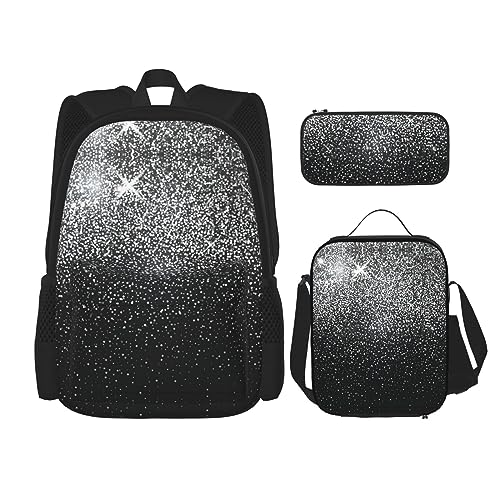 Robuster und leichter Taschenrucksack, Umhängetasche, Lunch-Tasche, Stifttaschenset – verstellbarer Schultergurt, glänzende silberfarbene Glitzerdrucke, Schwarz , Einheitsgröße von PartyUnix