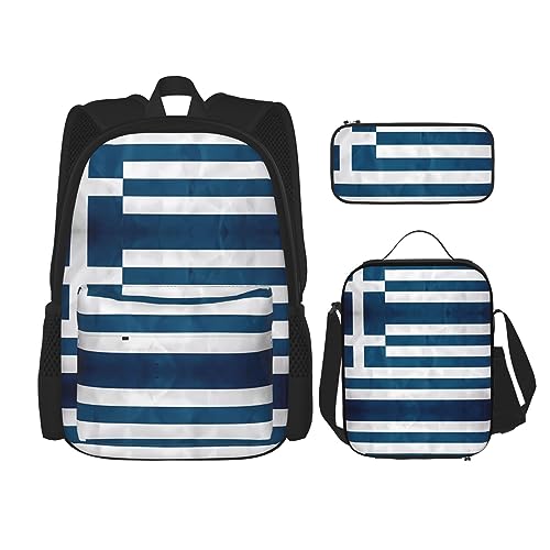 Robuster und leichter Taschenrucksack, Umhängetasche, Lunch-Tasche, Stifttaschenset – verstellbarer Schultergurt, griechische Flagge, Schwarz , Einheitsgröße von PartyUnix