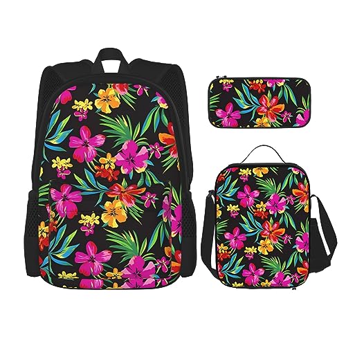Robuster und leichter Taschenrucksack, Umhängetasche, Lunch-Tasche, Stifttaschenset – verstellbarer Schultergurt, hawaiianische Blumendrucke, Schwarz , Einheitsgröße von PartyUnix
