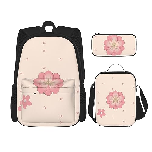 Robuster und leichter Taschenrucksack, Umhängetasche, Lunch-Tasche, Stifttaschenset – verstellbarer Schultergurt, kleine rosa Kirschblüten, Schwarz , Einheitsgröße von PartyUnix