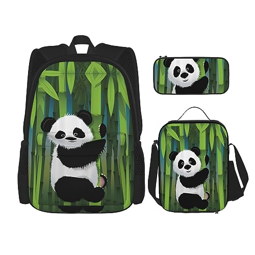 Robuster und leichter Taschenrucksack, Umhängetasche, Lunch-Tasche, Stifttaschenset – verstellbarer Schultergurt, neugieriges Baby Panda Aufdruck, Schwarz , Einheitsgröße von PartyUnix