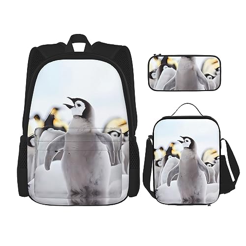 Robuster und leichter Taschenrucksack, Umhängetasche, Lunch-Tasche, Stifttaschenset – verstellbarer Schultergurt, niedliches Pinguin-Tiermuster, Schwarz , Einheitsgröße von PartyUnix