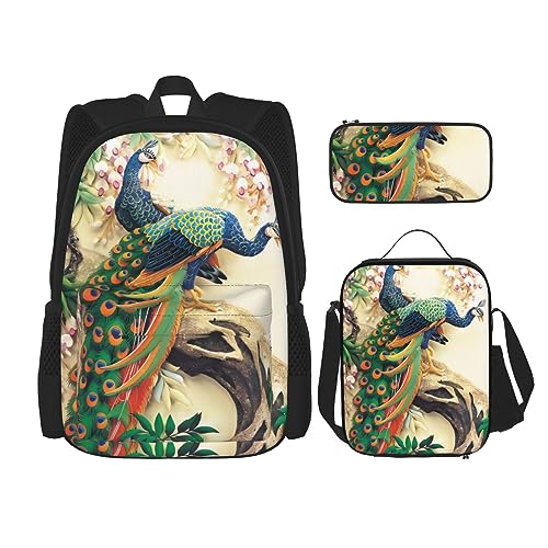 Robuster und leichter Taschenrucksack, Umhängetasche, Lunch-Tasche, Stifttaschenset – verstellbarer Schultergurt, orientalischer Pfau auf Blumenbaumbild, Schwarz , Einheitsgröße von PartyUnix