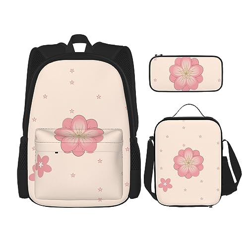 Robuster und leichter Taschenrucksack, Umhängetasche, Lunch-Tasche, Stifttaschenset – verstellbarer Schultergurt, rosa Kirschblütenmuster, Schwarz , Einheitsgröße von PartyUnix