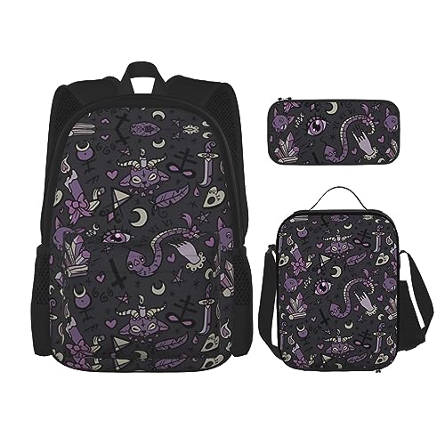 Robuster und leichter Taschenrucksack, Umhängetasche, Lunch-Tasche, Stifttaschenset – verstellbarer Schultergurt, violett/schwarz, Gothic-Gruselbild, Schwarz , Einheitsgröße von PartyUnix
